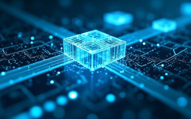 Abstract illustration of smart contract logic, showing interlocking digital blocks and data flow
