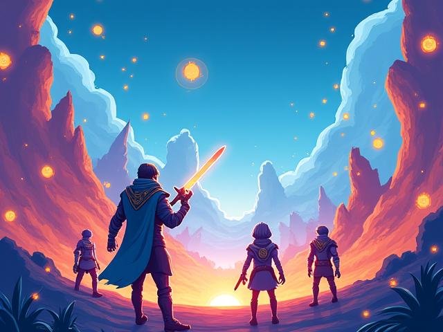 A vibrant digital illustration of several cartoon avatars standing in a futuristic video game landscape, representing NFTs in gaming.