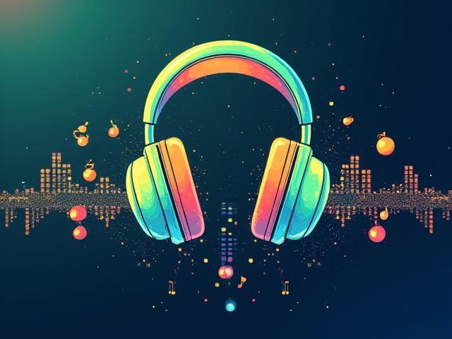 A colorful digital illustration of a stylized headphones icon with musical notes emanating, indicating music NFTs.